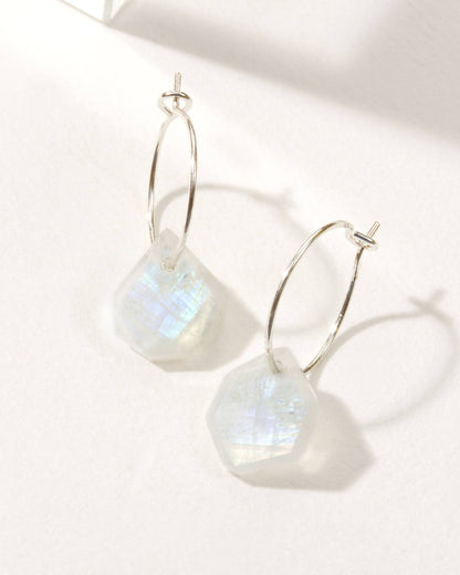 Sterling Silver Geometry Mini Hoop Earrings- Moonstone