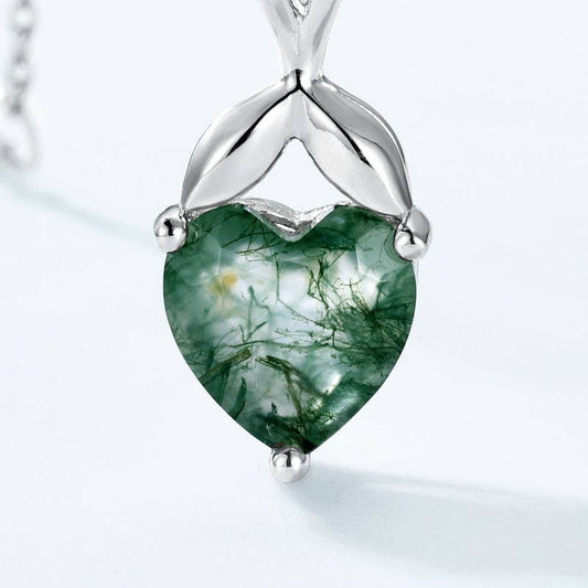 Moss Agate Heart Pendant Necklace in 925 Sterling Silver
