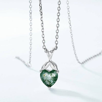 Moss Agate Heart Pendant Necklace in 925 Sterling Silver