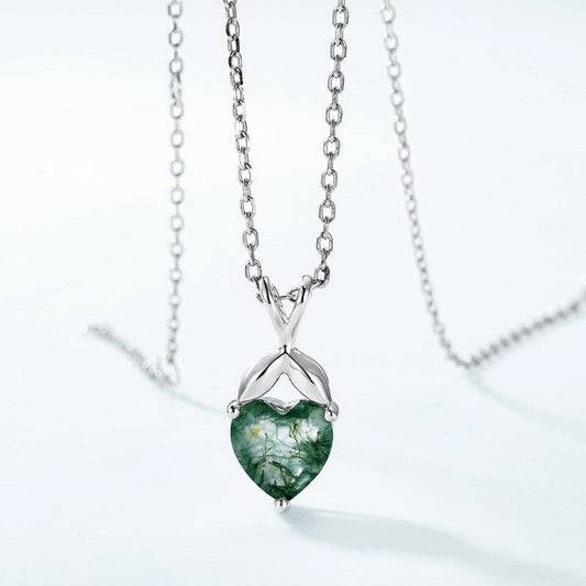 Moss Agate Heart Pendant Necklace in 925 Sterling Silver