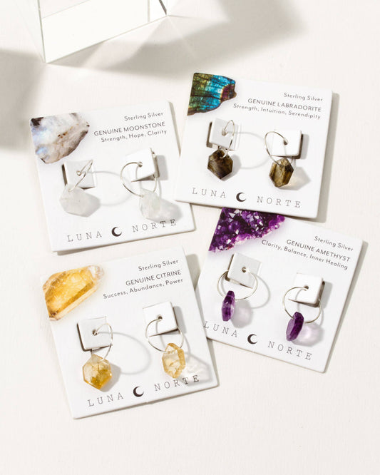 Sterling Silver Geometry Mini Hoop Earrings- Moonstone