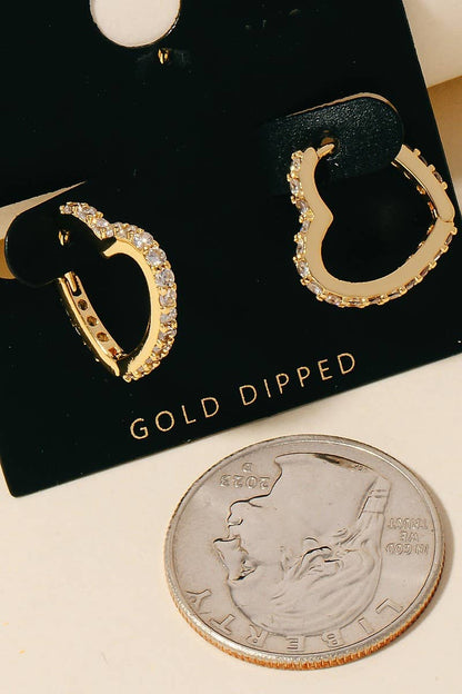 Gold Dipped Cz Heart Hinge Hoop Earrings