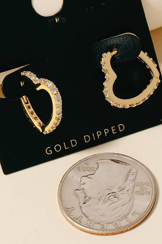 Gold Dipped Cz Heart Hinge Hoop Earrings
