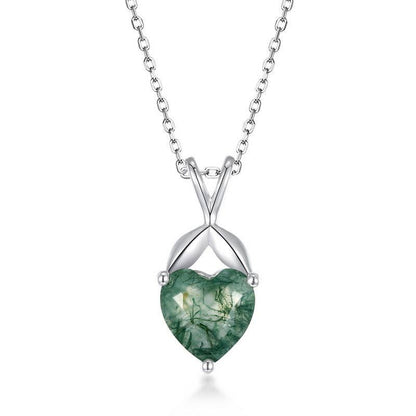 Moss Agate Heart Pendant Necklace in 925 Sterling Silver