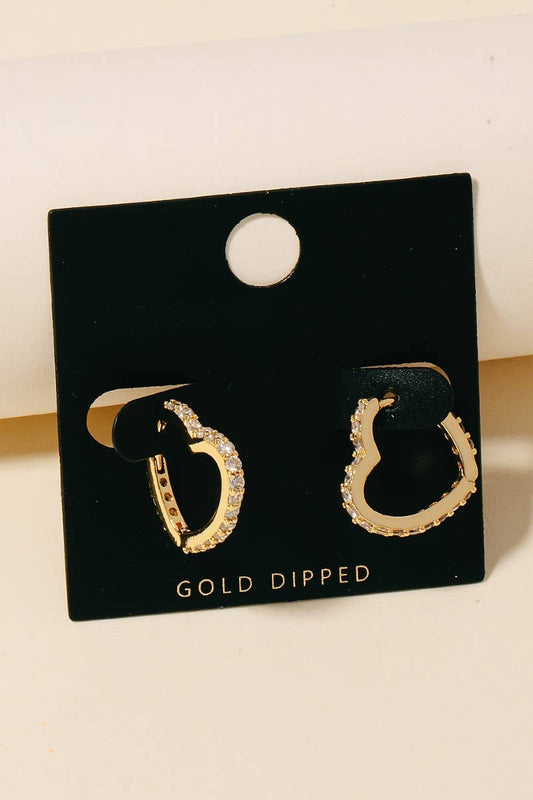 Gold Dipped Cz Heart Hinge Hoop Earrings